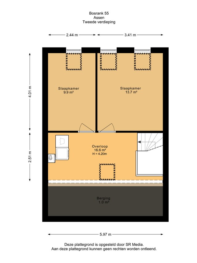 Plattegrond van de tweede verdieping: twee slaapkamers van 9,9 en 13,7 m2 en een overloop van 16,6 m2